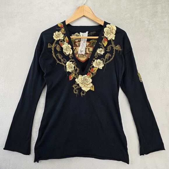 Johnny Was Tops - Johnny Was JWLA Embroidered Tunic Top Small Black Born Fee Floral Wings
